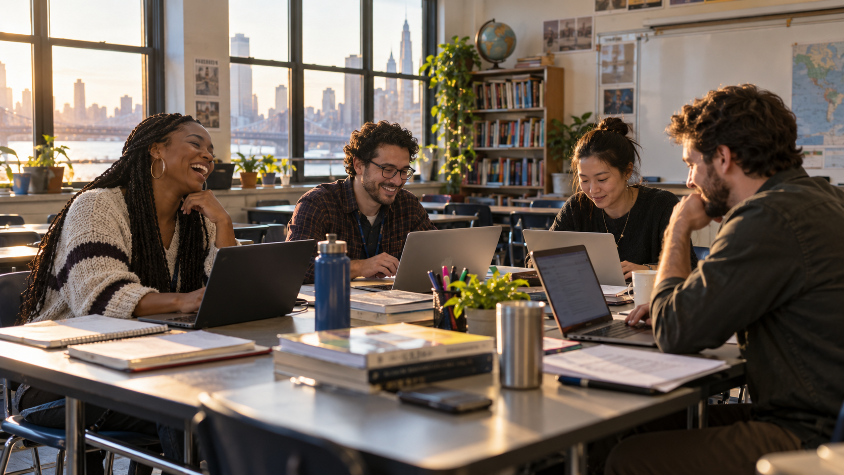 Educators collaborating around a table with laptops