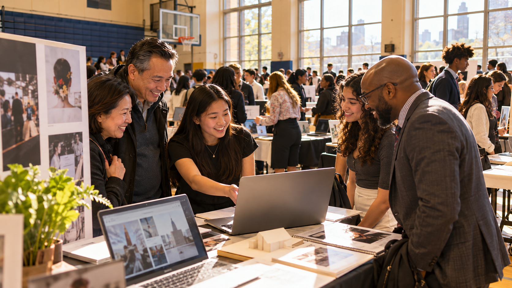 Students presenting their capstone projects to families and mentors at an exhibition