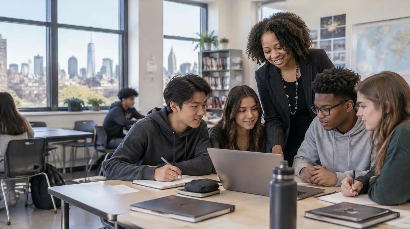 Illustrative AI-generated classroom scene of students collaborating